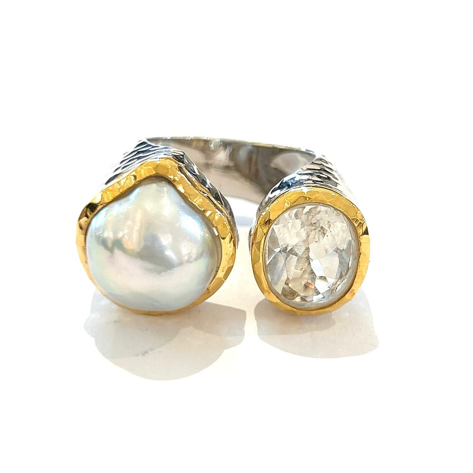 Bochic “Orient” White Topaz & Pearl Ring Set In 18K White Gold & Silver For Sale 1