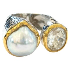 Bochic Orient Weißer Topas & Perlenring aus 18 Karat Weißgold und Silber