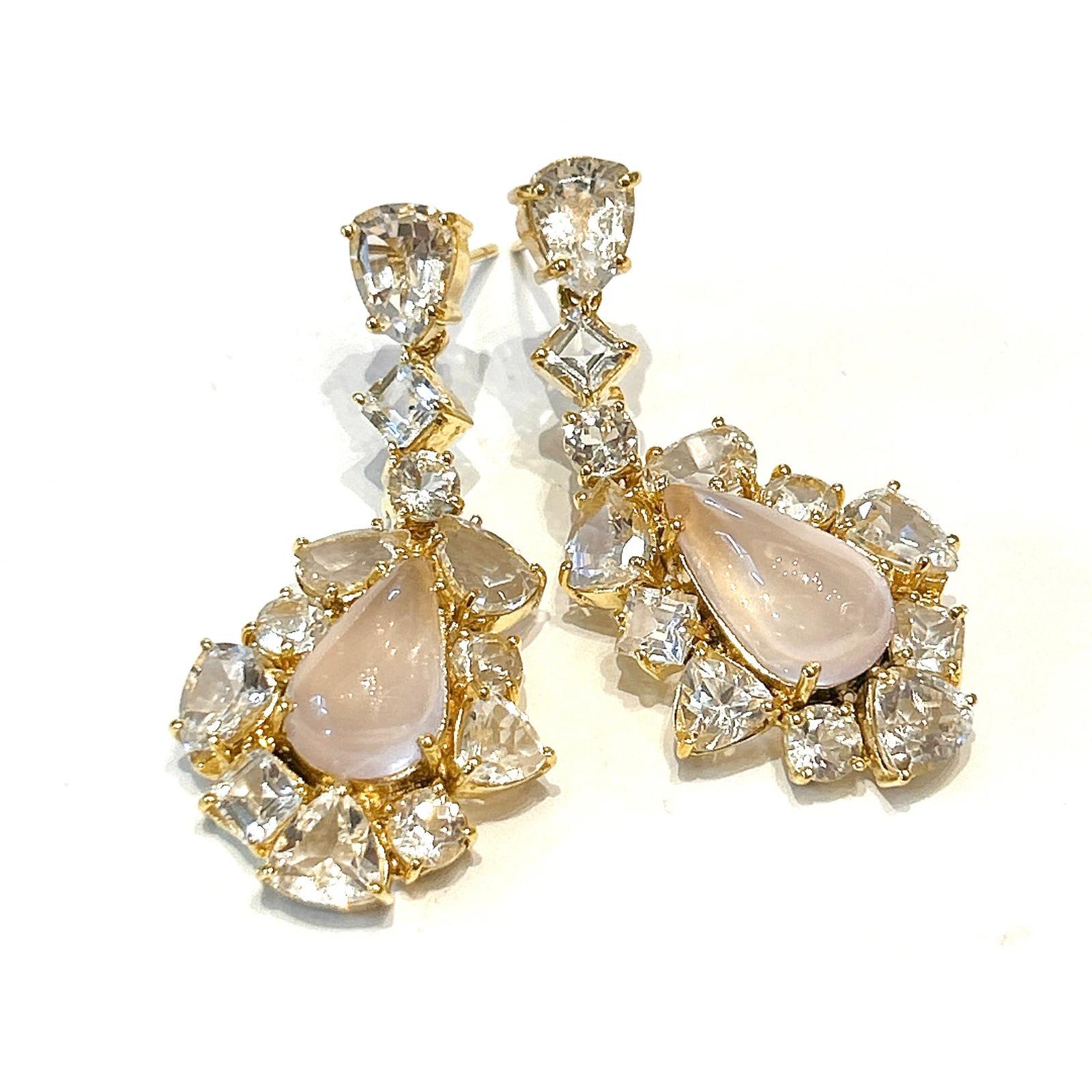 Art Deco Bochic “Orient” White Topaz & Rose Quartz Earrings Set 18K Gold&Silver For Sale