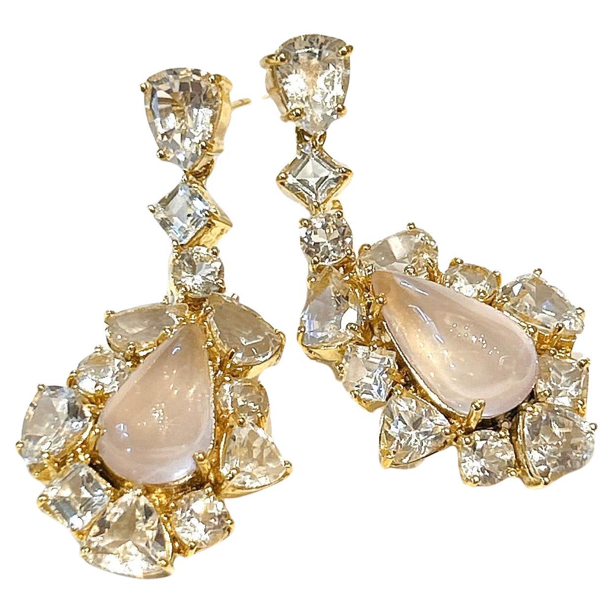Bochic “Orient” White Topaz & Rose Quartz Earrings Set 18K Gold&Silver 