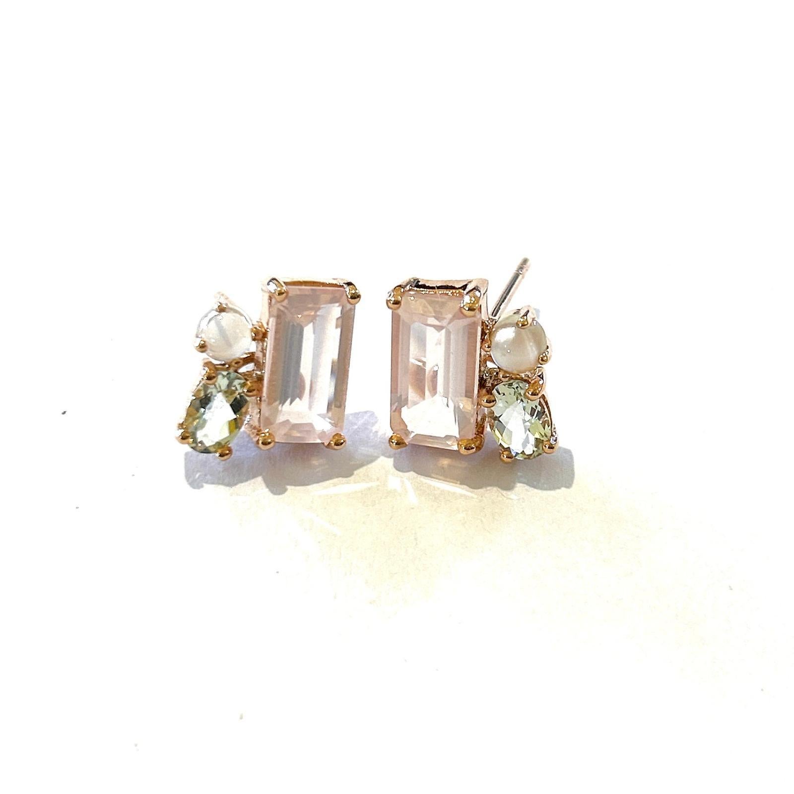 Bochic “Orient” White Topaz & Rose Quartz Earrings Set In 18K Gold & Silver 

Natural White Topaz  - 1 carat  
Natural Pink Rose Quartz - 5 carat 
Moonstone

The earrings from the 