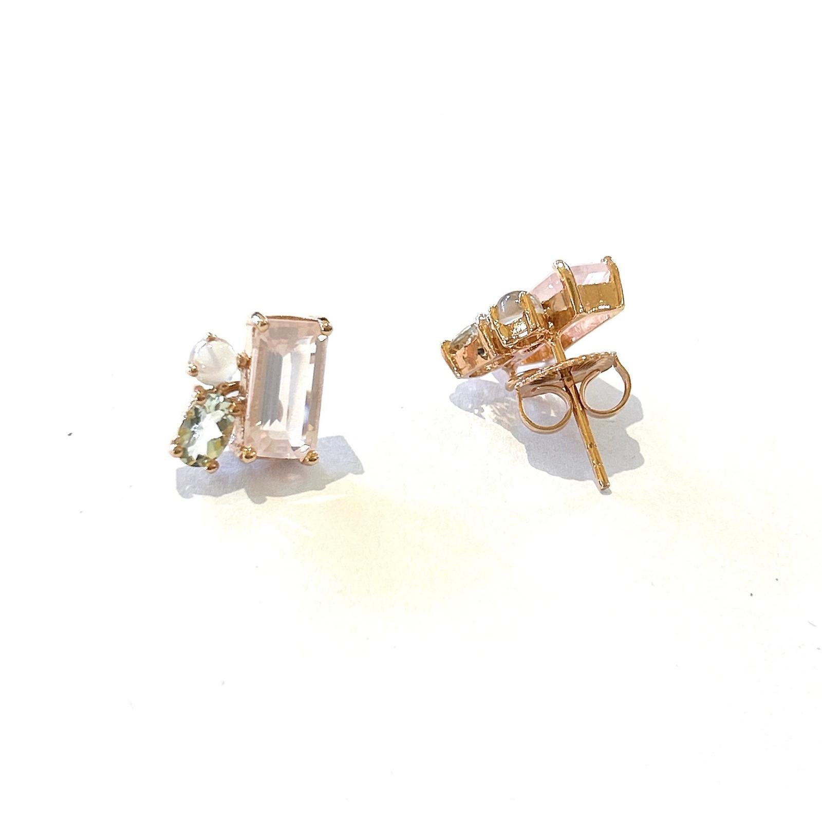 Art Deco Bochic “Orient” White Topaz & Rose Quartz Earrings Set In 18K Gold & Silver For Sale