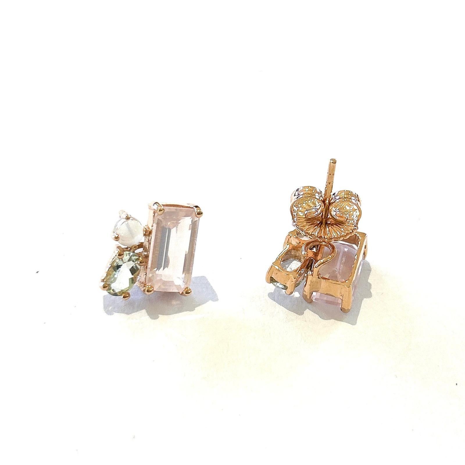 Emerald Cut Bochic “Orient” White Topaz & Rose Quartz Earrings Set In 18K Gold & Silver For Sale