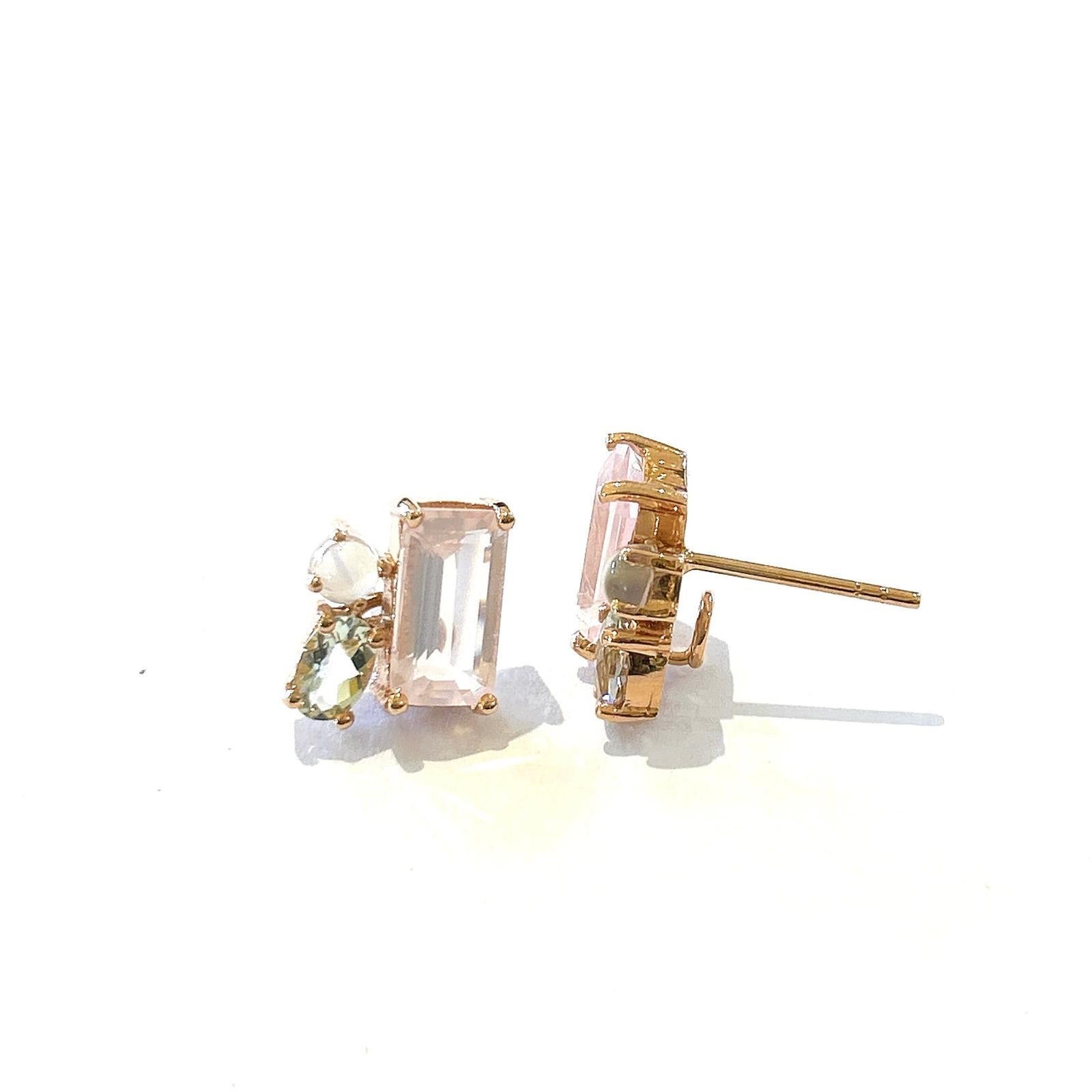 Bochic “Orient” White Topaz & Rose Quartz Earrings Set In 18K Gold & Silver In New Condition For Sale In New York, NY