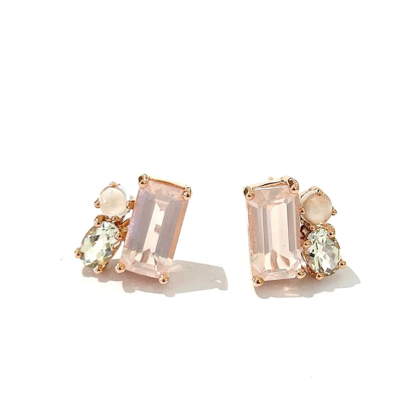 Women's Bochic “Orient” White Topaz & Rose Quartz Earrings Set In 18K Gold & Silver For Sale