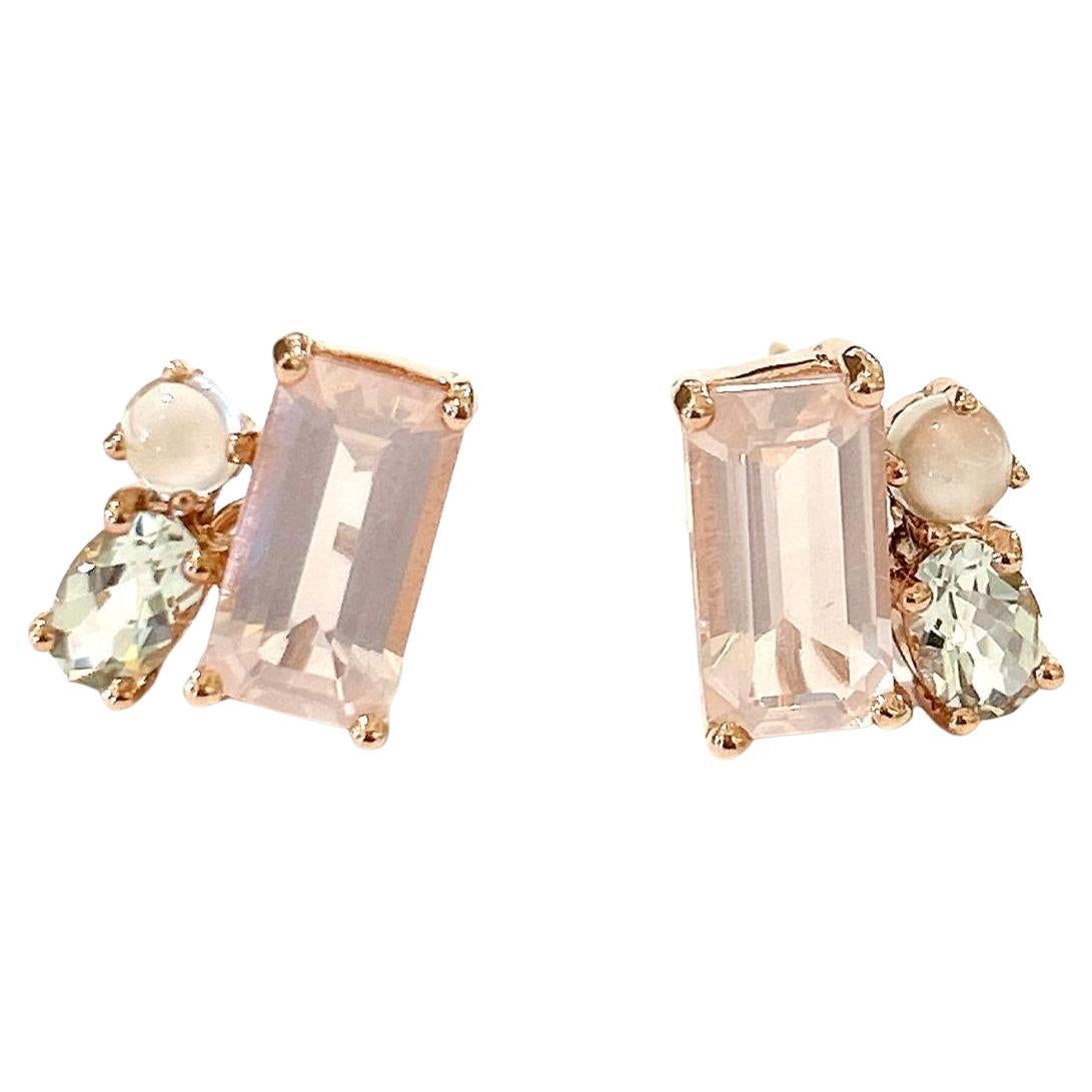 Bochic “Orient” White Topaz & Rose Quartz Earrings Set In 18K Gold & Silver