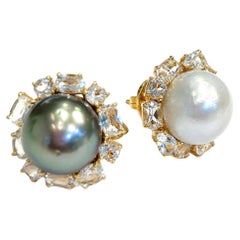 Bochic “Orient” White Topaz & South Sea Pearls Earrings Set 18K Gold & Silver