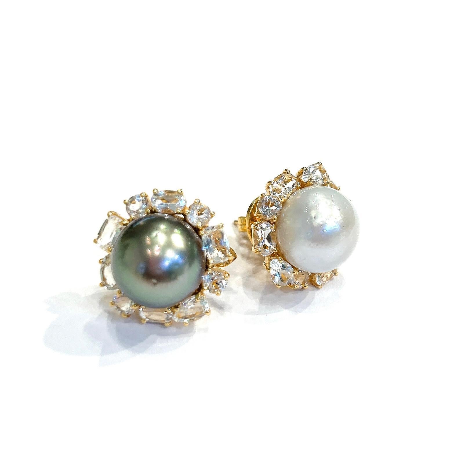 Bochic “Orient” White Topaz & South Sea Pearls Earrings Set 18K Gold & Silver In New Condition For Sale In New York, NY