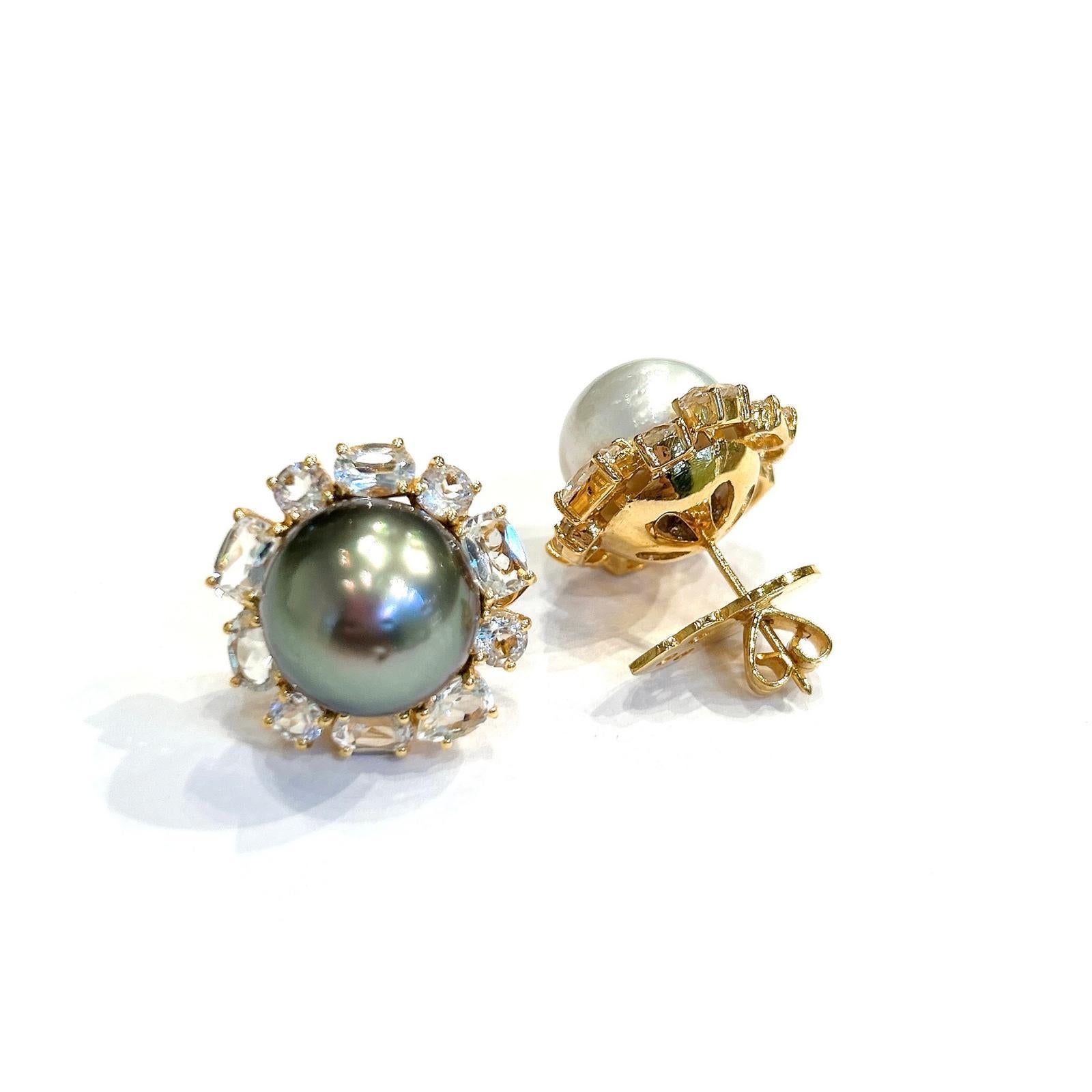 Women's or Men's Bochic “Orient” White Topaz & South Sea Pearls Earrings Set 18K Gold & Silver For Sale