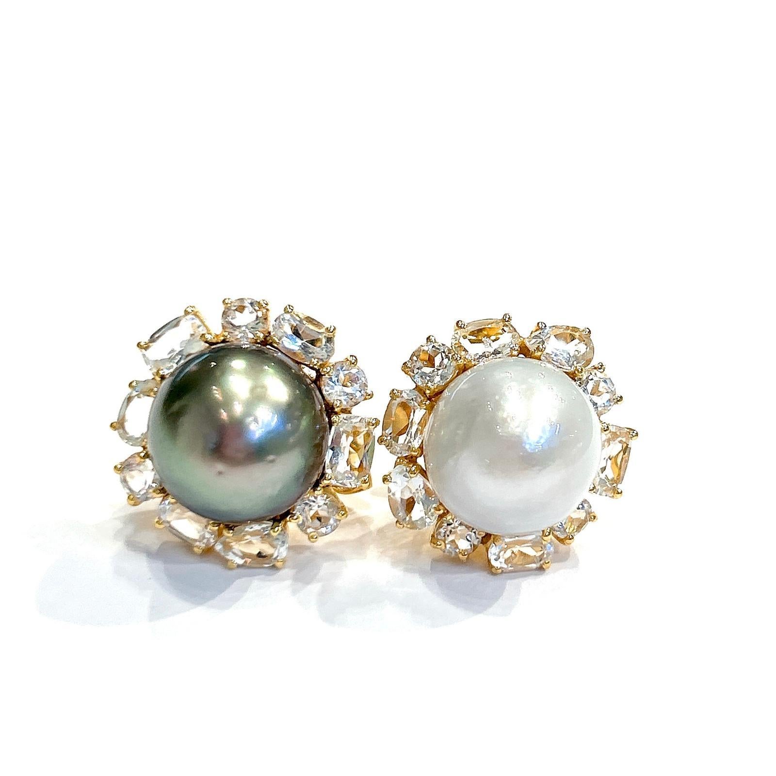 Bochic “Orient” White Topaz & South Sea Pearls Earrings Set 18K Gold & Silver For Sale 1