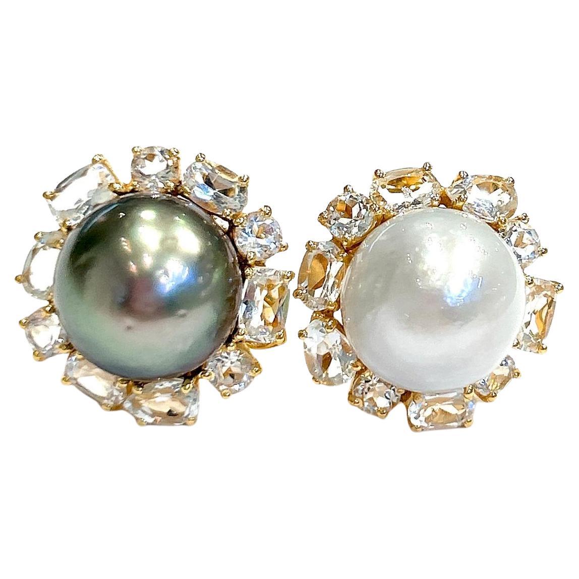 Bochic “Orient” White Topaz & South Sea Pearls Earrings Set 18K Gold & Silver
