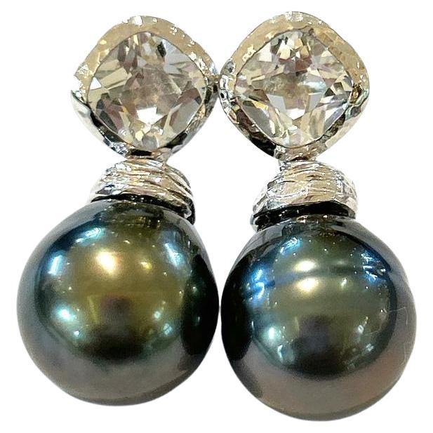 Bochic “Orient” White Topaz  & Tahiti Pearl Earrings Set In 18K Gold & Silver For Sale