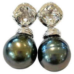 Bochic “Orient” White Topaz  & Tahiti Pearl Earrings Set In 18K Gold & Silver