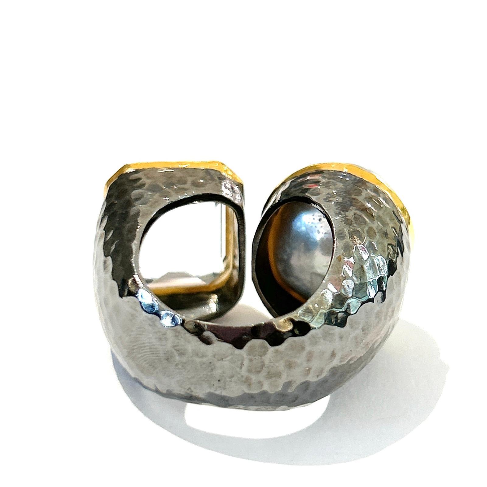Art Deco Bochic “Orient” White Topaz & White South Pearl Ring Set 18K White Gold&Silver For Sale