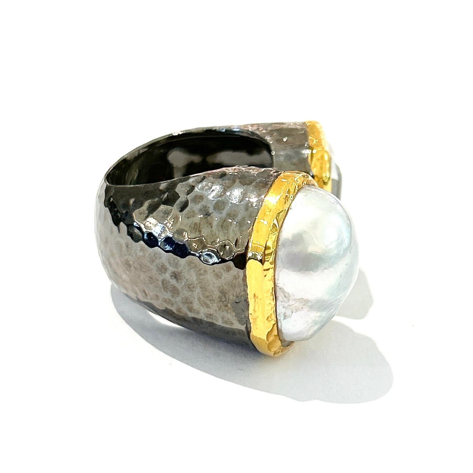 Emerald Cut Bochic “Orient” White Topaz & White South Pearl Ring Set 18K White Gold&Silver For Sale