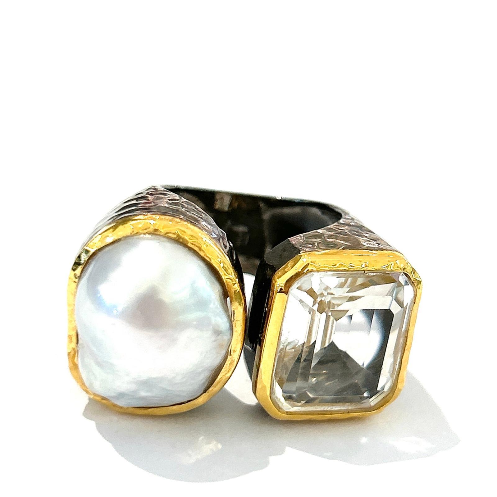 Women's or Men's Bochic “Orient” White Topaz & White South Pearl Ring Set 18K White Gold&Silver For Sale