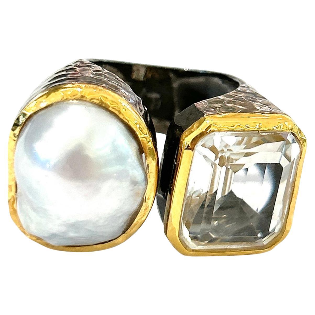 Bochic “Orient” White Topaz & White South Pearl Ring Set 18K White Gold&Silver