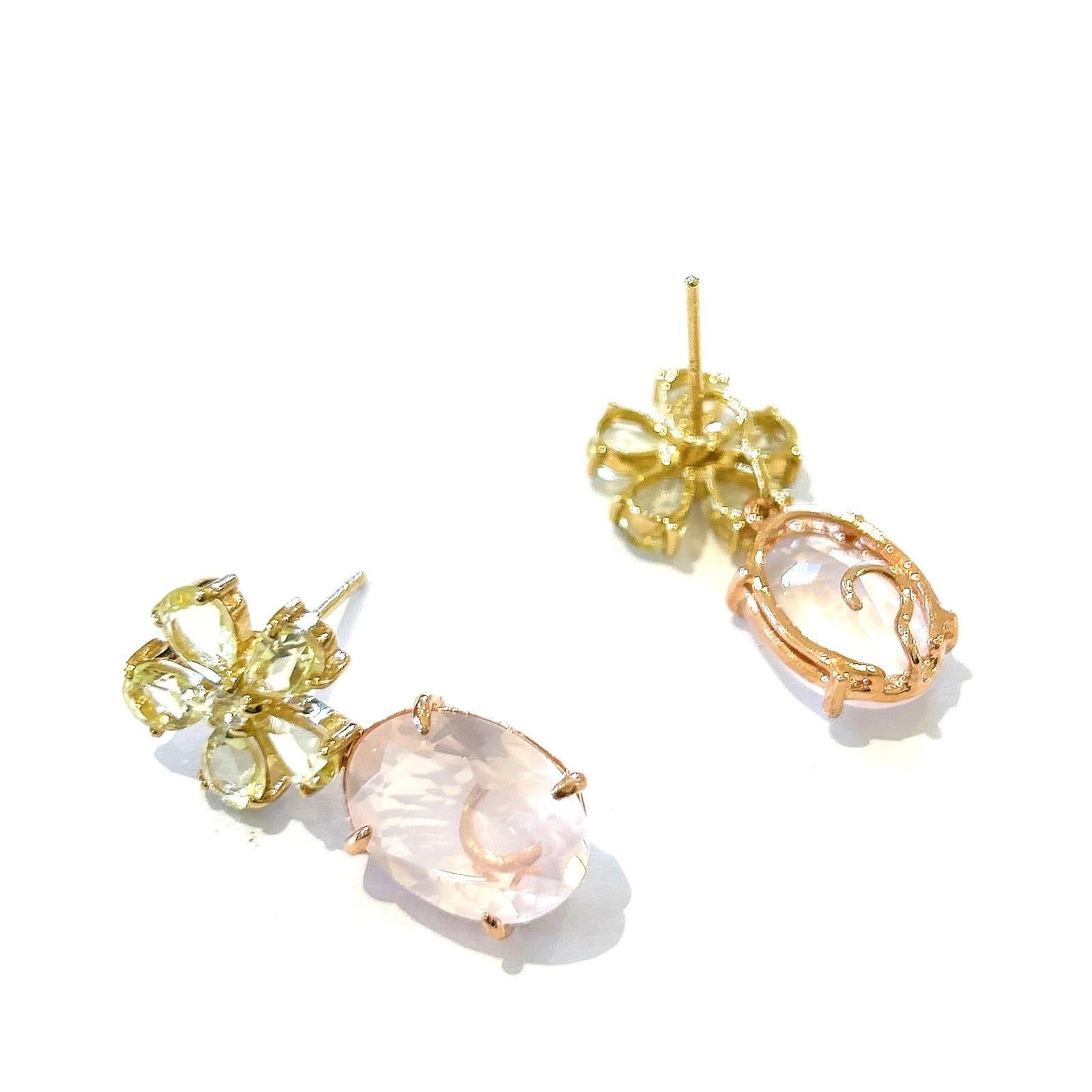 Bochic “Orient” Yellow Citrine & Pink Quartz Earrings Set In 18K Gold & Silver In New Condition For Sale In New York, NY