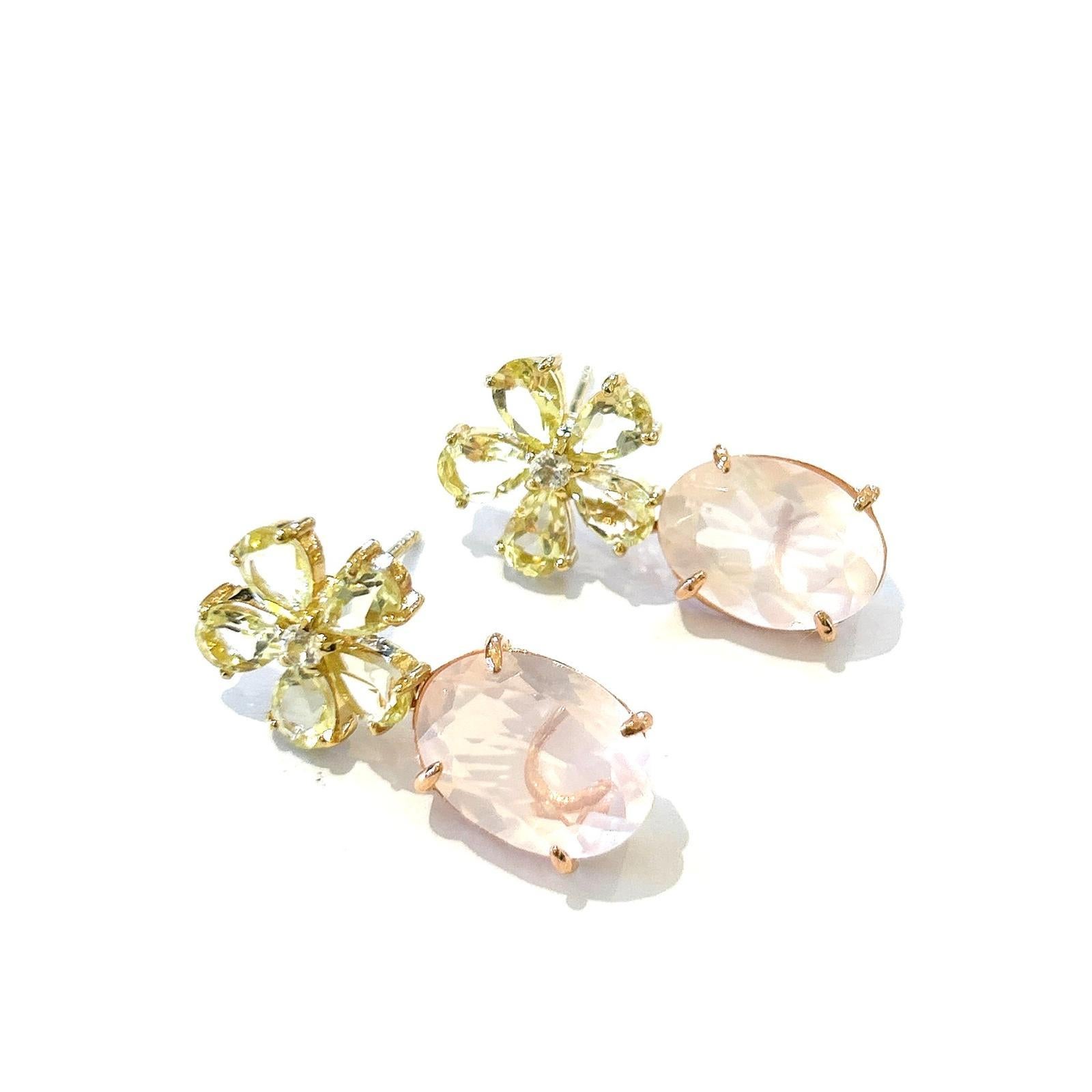 Women's or Men's Bochic “Orient” Yellow Citrine & Pink Quartz Earrings Set In 18K Gold & Silver For Sale