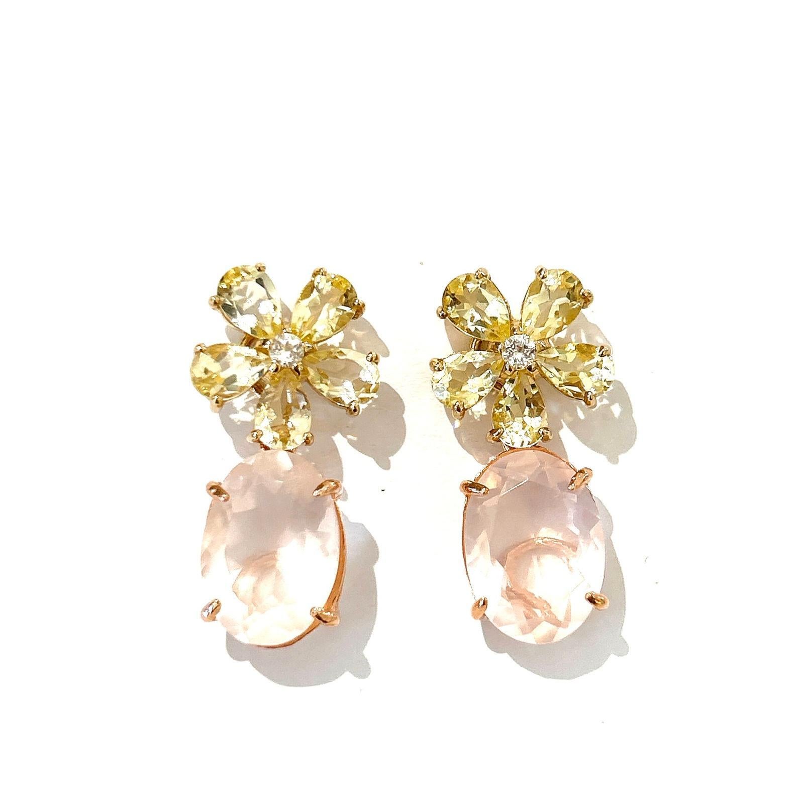 Bochic “Orient” Yellow Citrine & Pink Quartz Earrings Set In 18K Gold & Silver For Sale 1