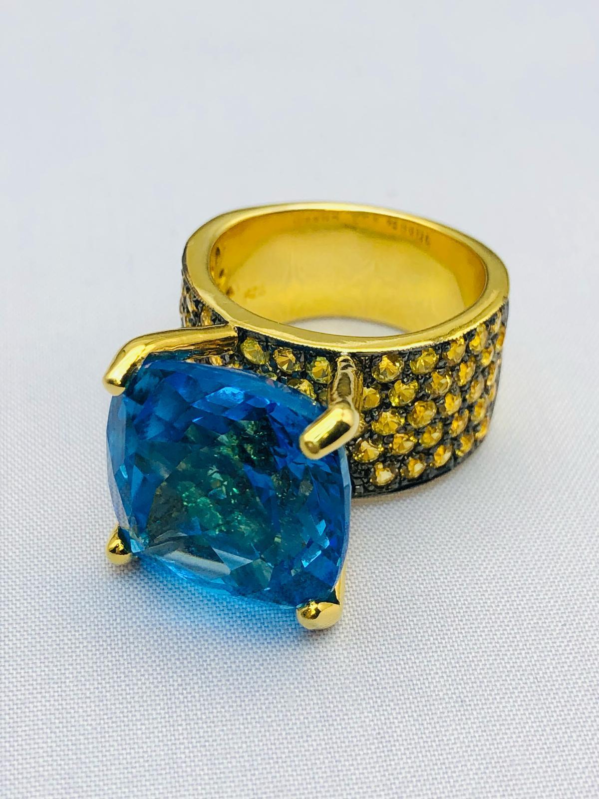 Bochic “Orient” Yellow Sapphire & Blue Topaz Ring Set In 18K Gold & Silver For Sale 4