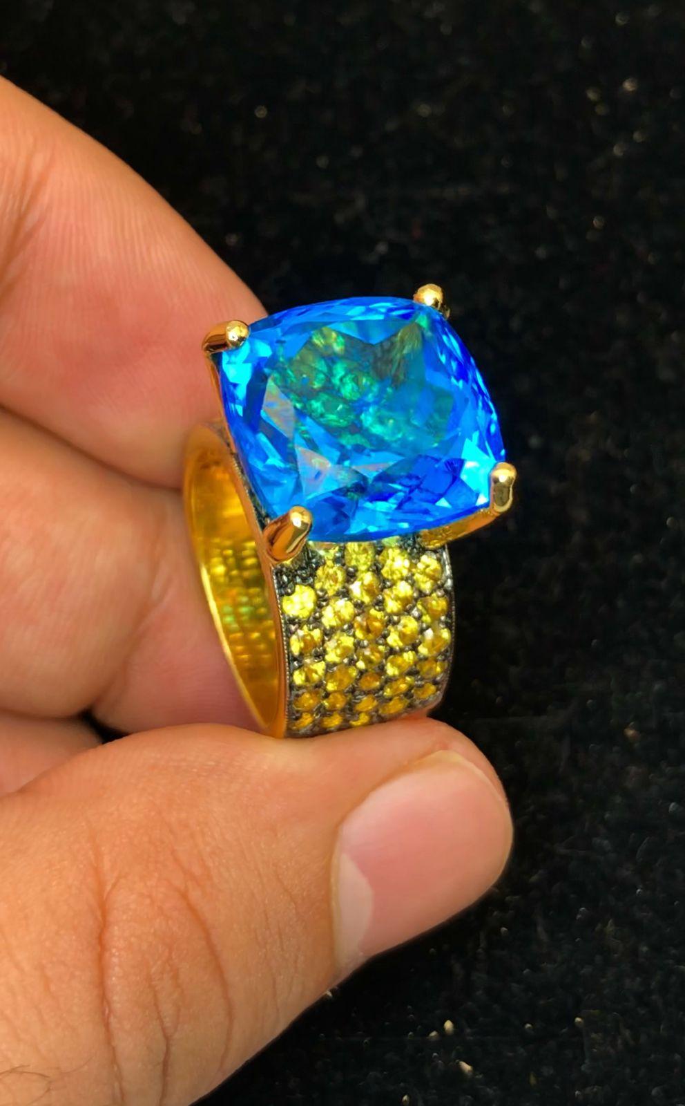 Art Deco Bochic “Orient” Yellow Sapphire & Blue Topaz Ring Set In 18K Gold & Silver For Sale