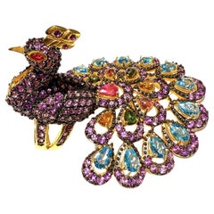 Bochic Cocktail-Ring aus 18 Karat Gold und Silber mit Pfauensaphir, Rubin und mehreren Edelsteinen