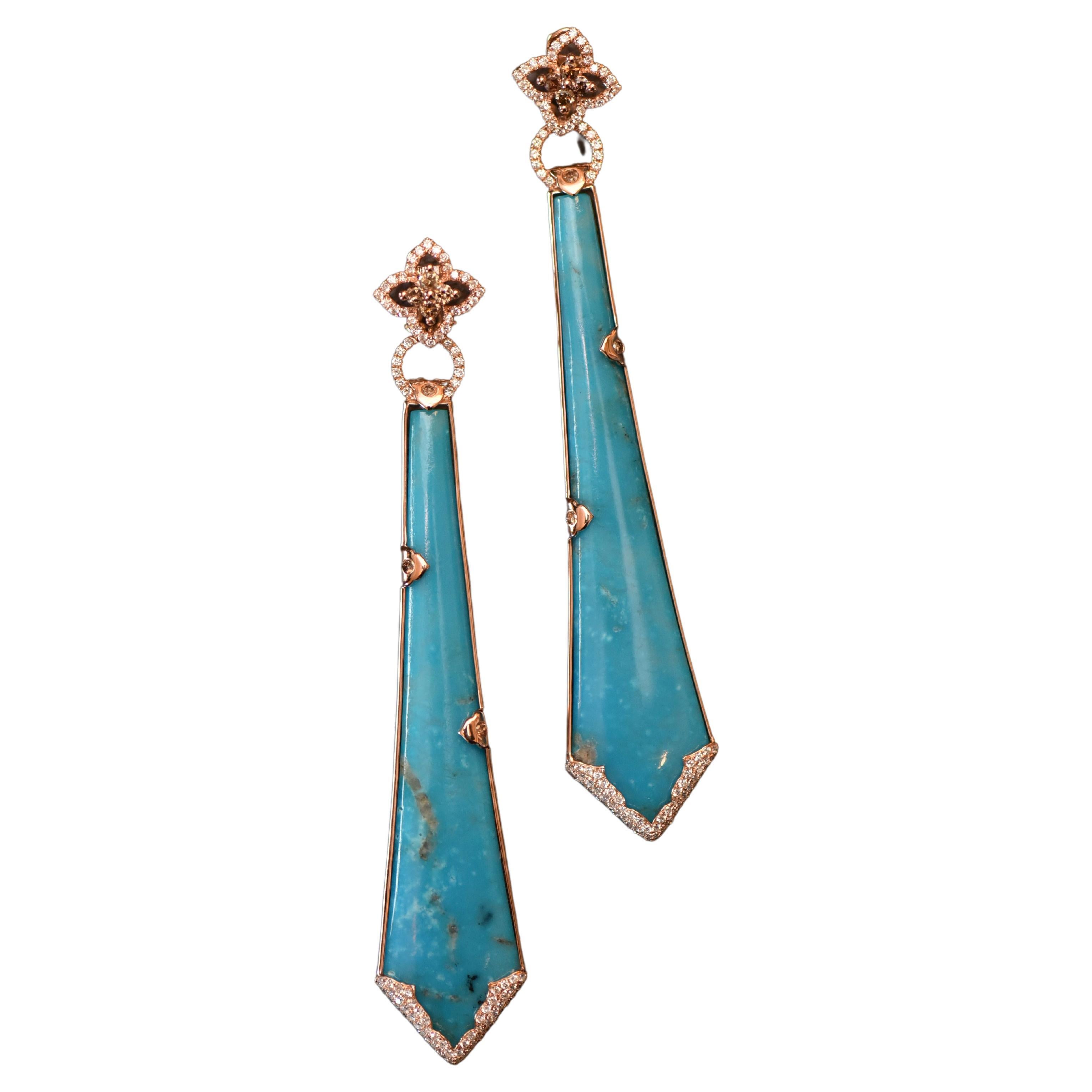 Bochic Persian vintage turquoise earrings in 18 Karat gold and diamonds. 
Perfect summer beach day or night accessory. 
Pink 18 K gold. 
Cognac and white Diamonds. 
1.12 Carats. 
Perfect summer beach day or night accessory. 
measures apx. 6-1/2