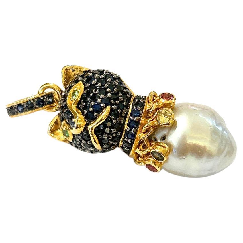 Bochic “Retro” Sapphire & South Sea Pearl Cat Pendent Set In 18K Gold & Silver 