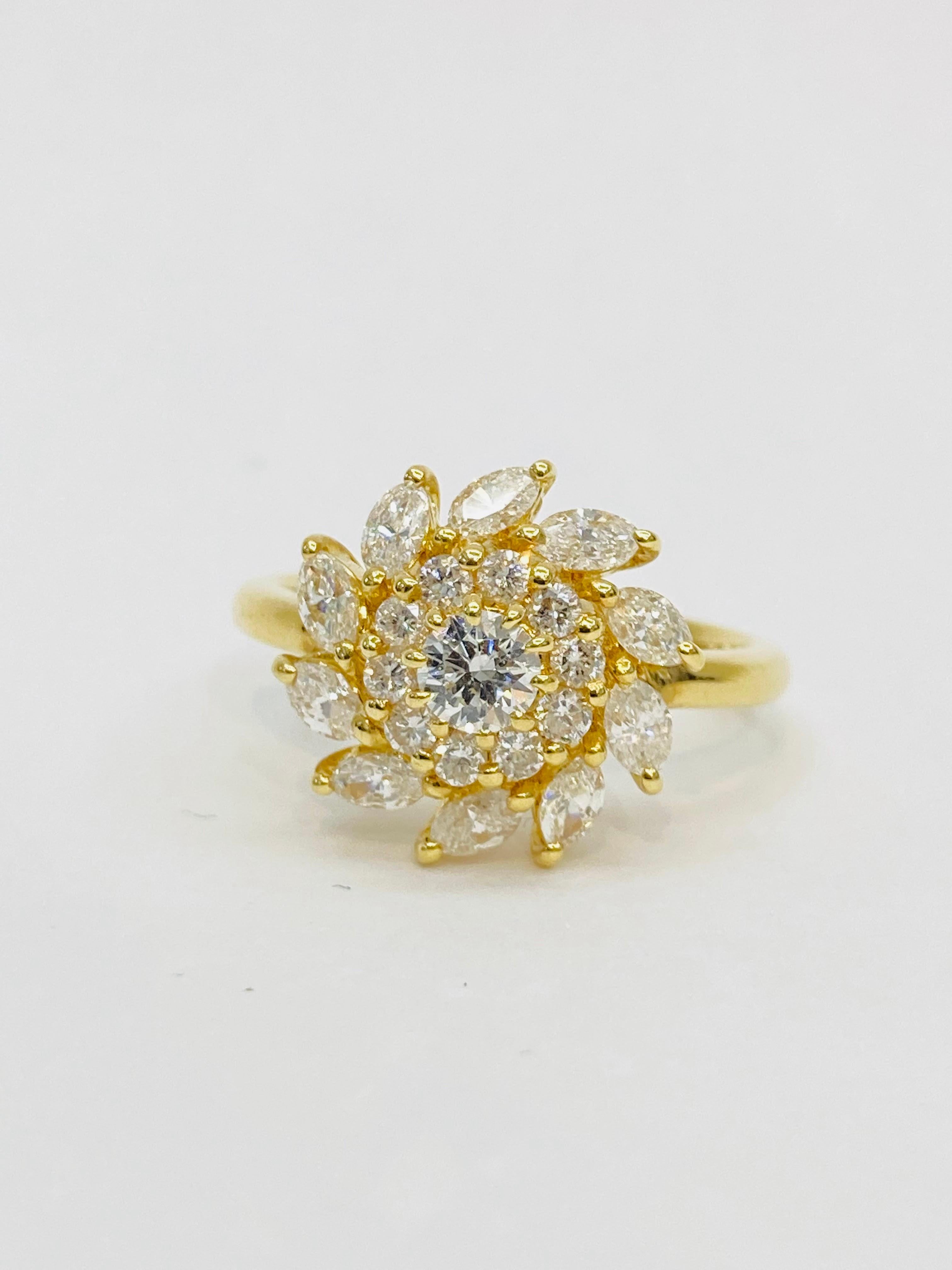 Brilliant Cut Bochic “Retro Vintage” 18K Gold & Multi Round & Marquee Diamond Cluster Ring For Sale