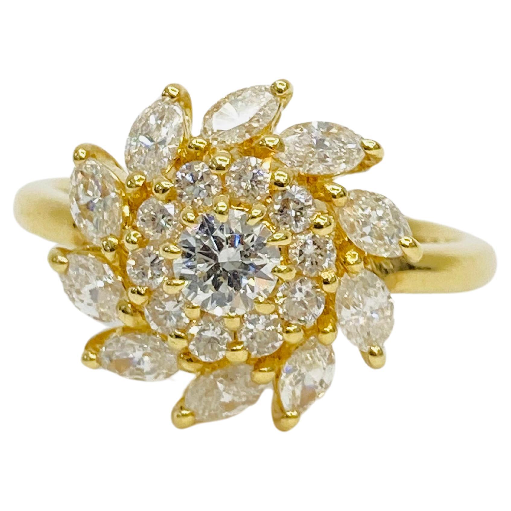 Bochic “Retro Vintage” 18K Gold & Multi Round & Marquee Diamond Cluster Ring For Sale