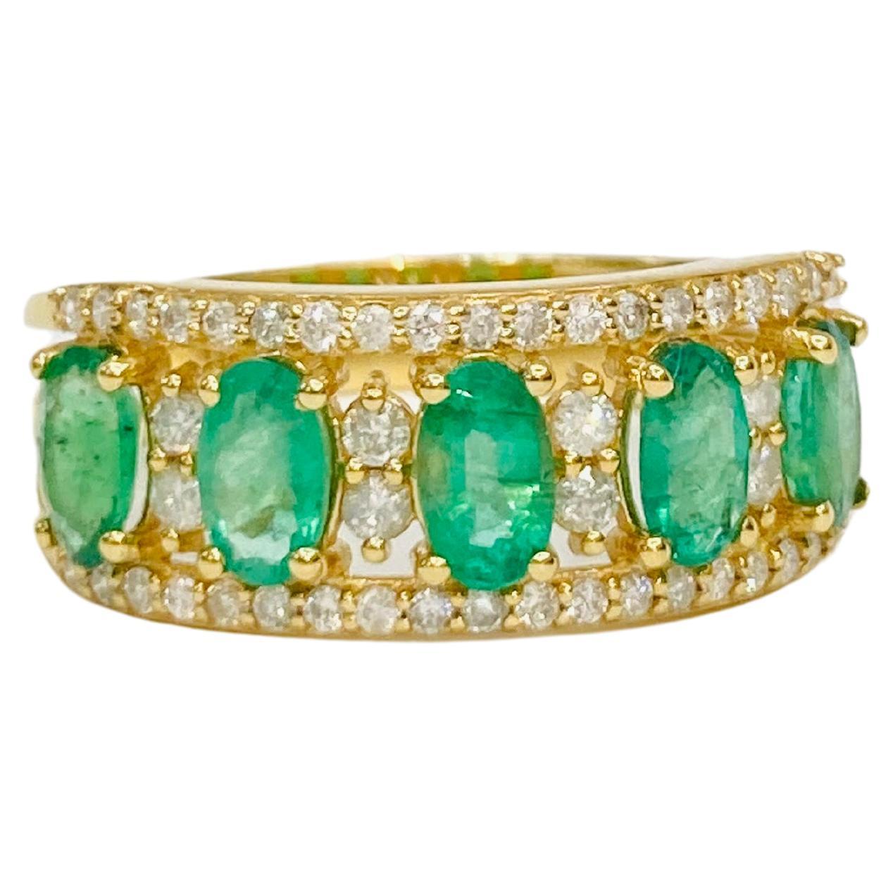 Bochic “Retro Vintage” Emerald  & Diamond  18K Gold & Eternity Cluster Ring. For Sale