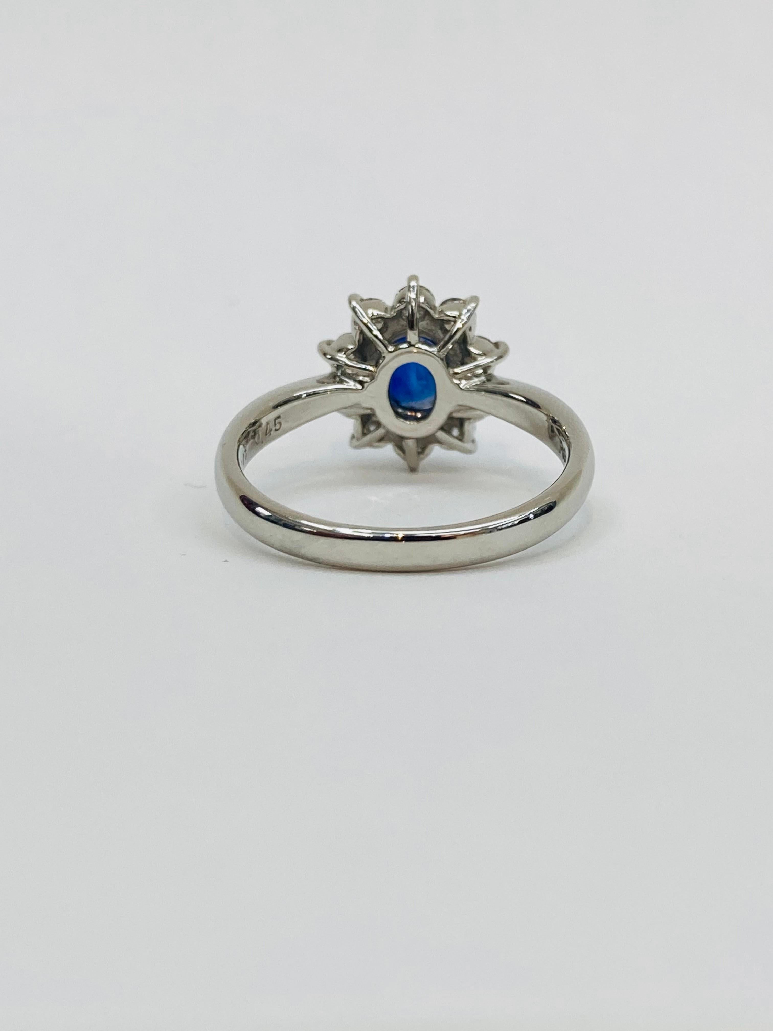 Bochic “Retro Vintage” Natural Blue Sapphire Platinum Diamond Cluster Ring

Natural Blue Sapphire 0.87 Carat 
From Sri Lanka 
Diamonds 0.45 Carat 
F color 
VS clarity 
Platinum 900
5.10 Gram

This Ring is from the 