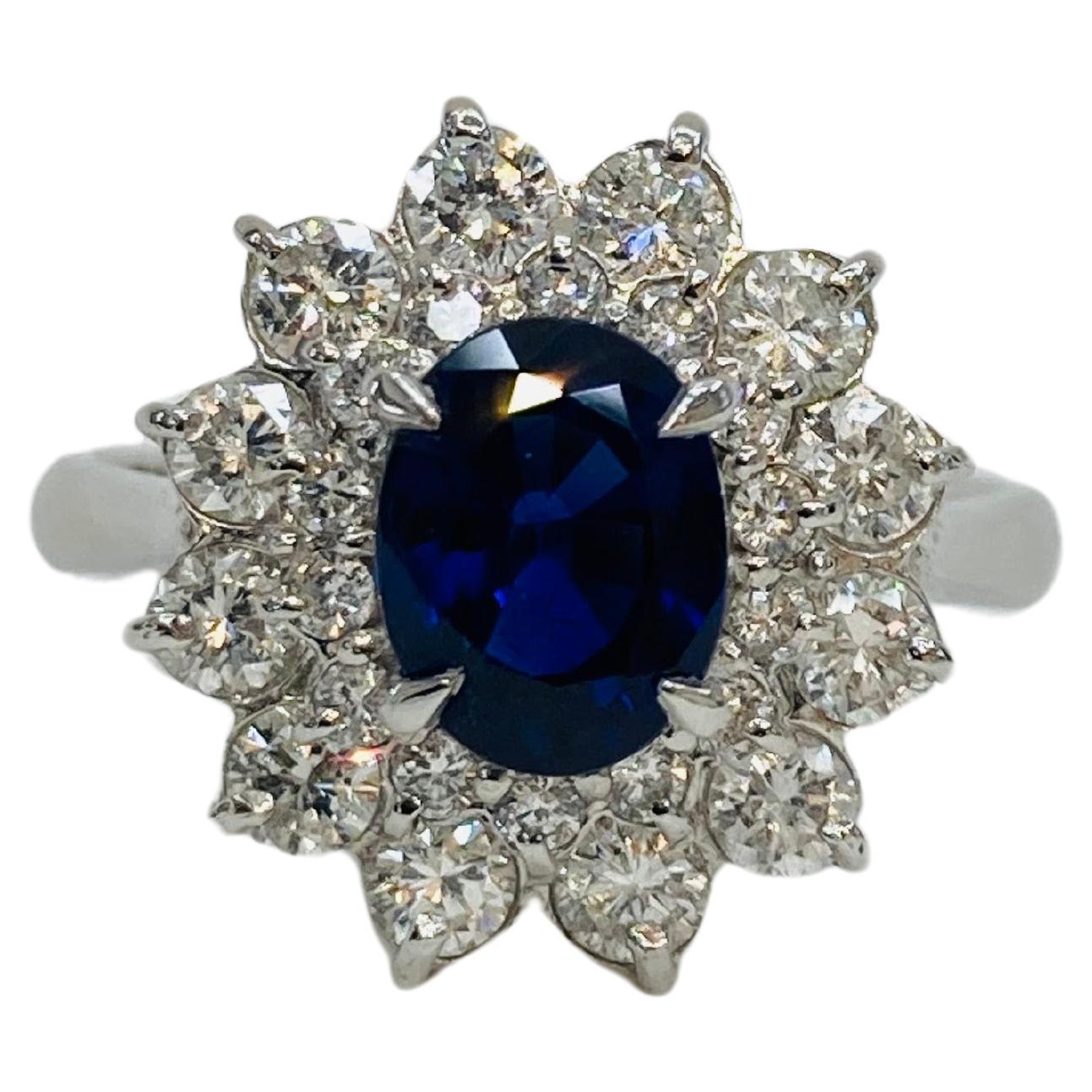 Bochic “Retro Vintage” Natural Blue Sapphire Platinum Diamond Cluster Ring For Sale