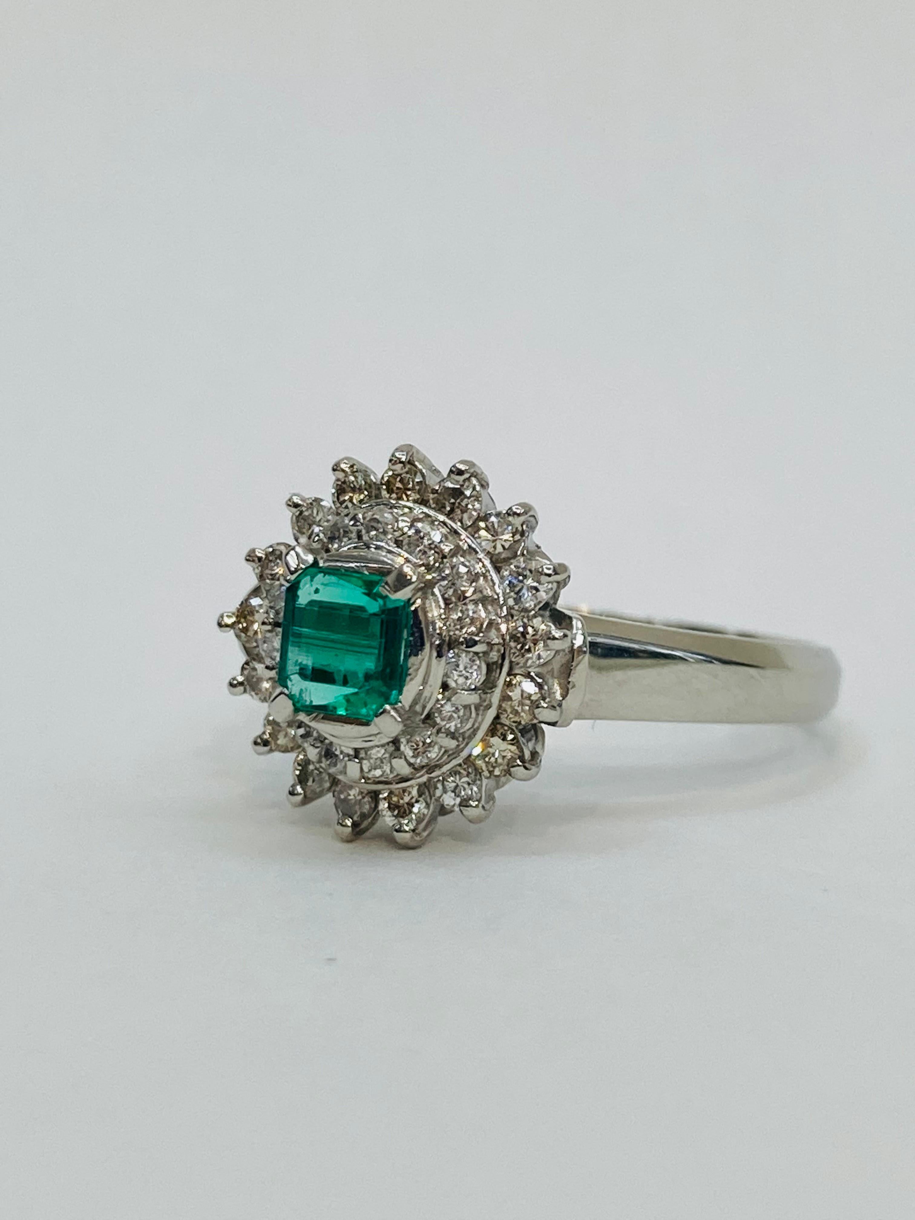 Emerald Cut Bochic “Retro Vintage” Natural Emerald & Platinum Diamond Cluster Ring. For Sale