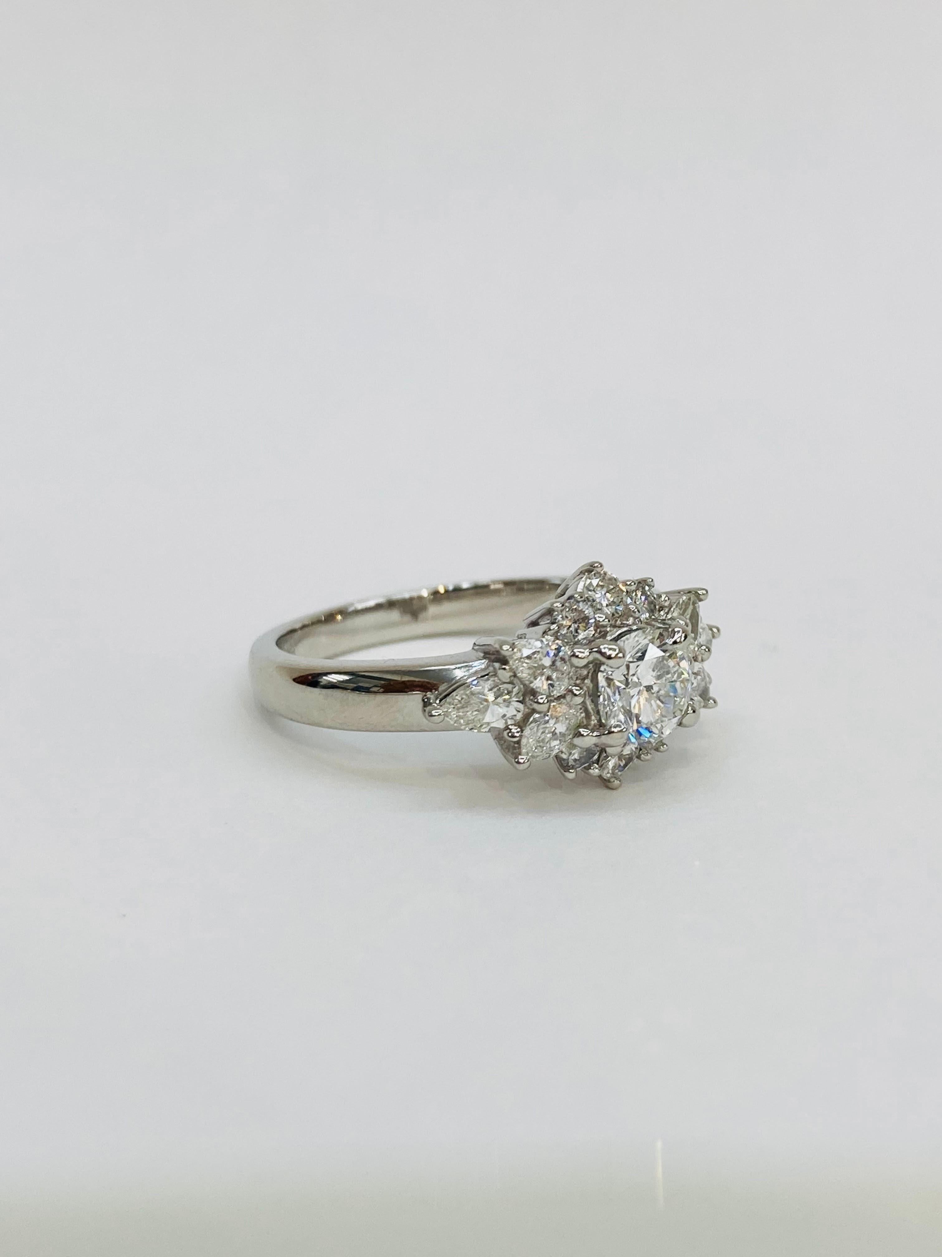 Bochic “Retro Vintage” Platinum & Multi Round Diamond Cluster Ring In New Condition For Sale In New York, NY