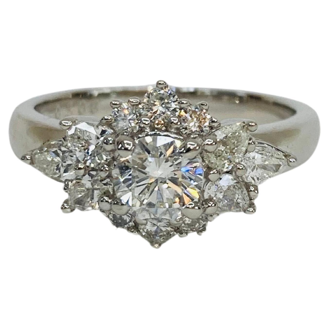Bochic “Retro Vintage” Platinum & Multi Round Diamond Cluster Ring For Sale