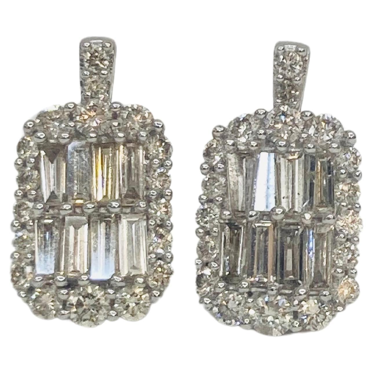 Bochic “Retro Vintage” Round & Baguette Diamond Earrings Set In 18K Gold  For Sale