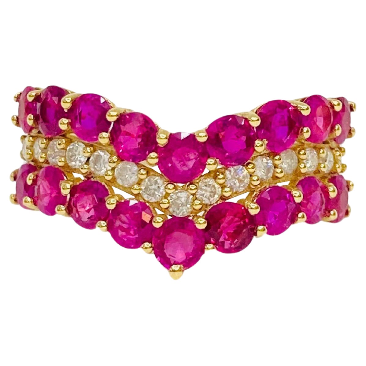 Bochic “Retro Vintage” Ruby & Diamond  & 18K Gold Cluster Ring, Circa 1980 For Sale