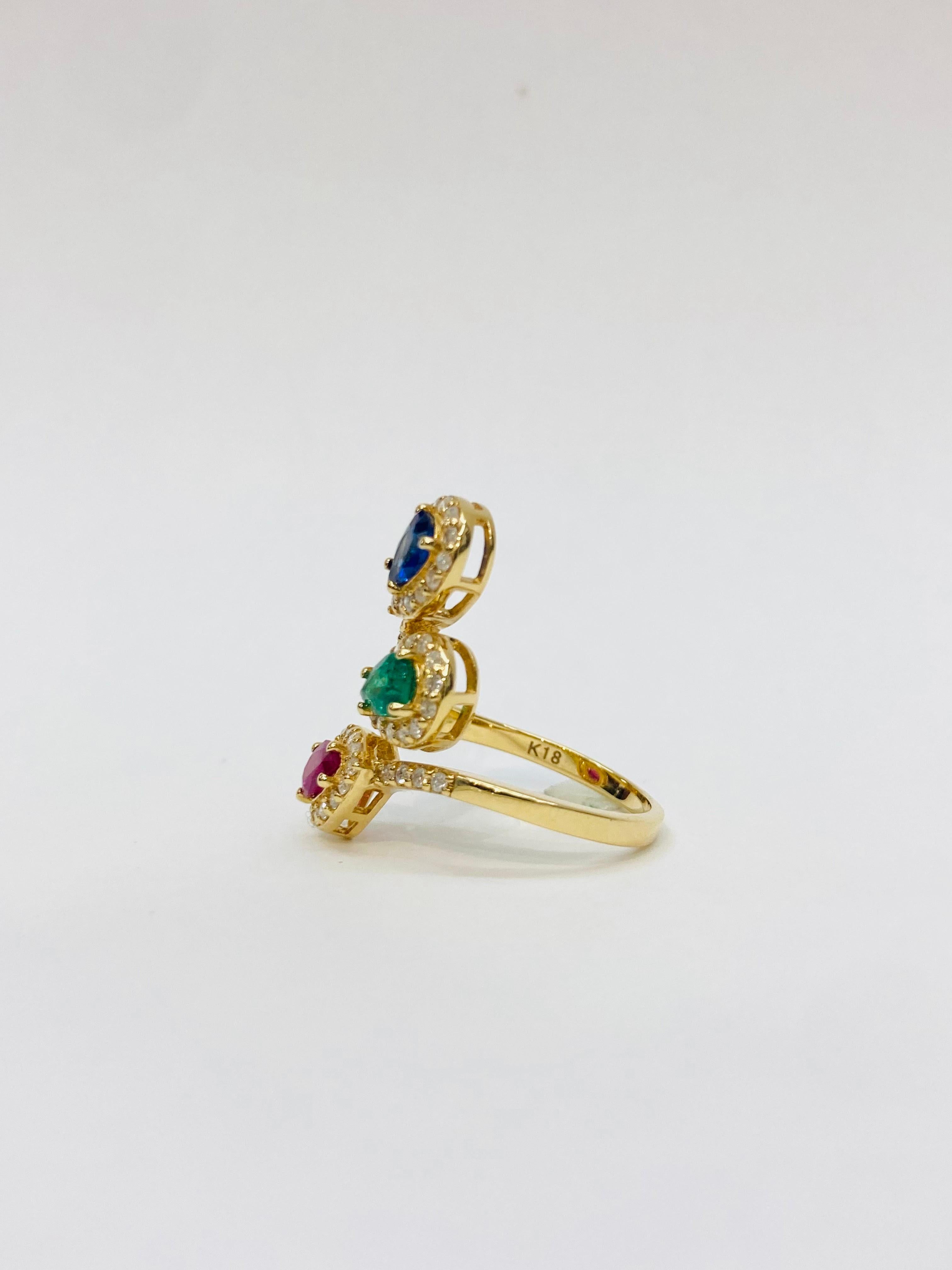 Women's or Men's Bochic “Retro Vintage” Ruby, Emerald, Sapphires 18K Gold & Diamond Cluster Ring For Sale
