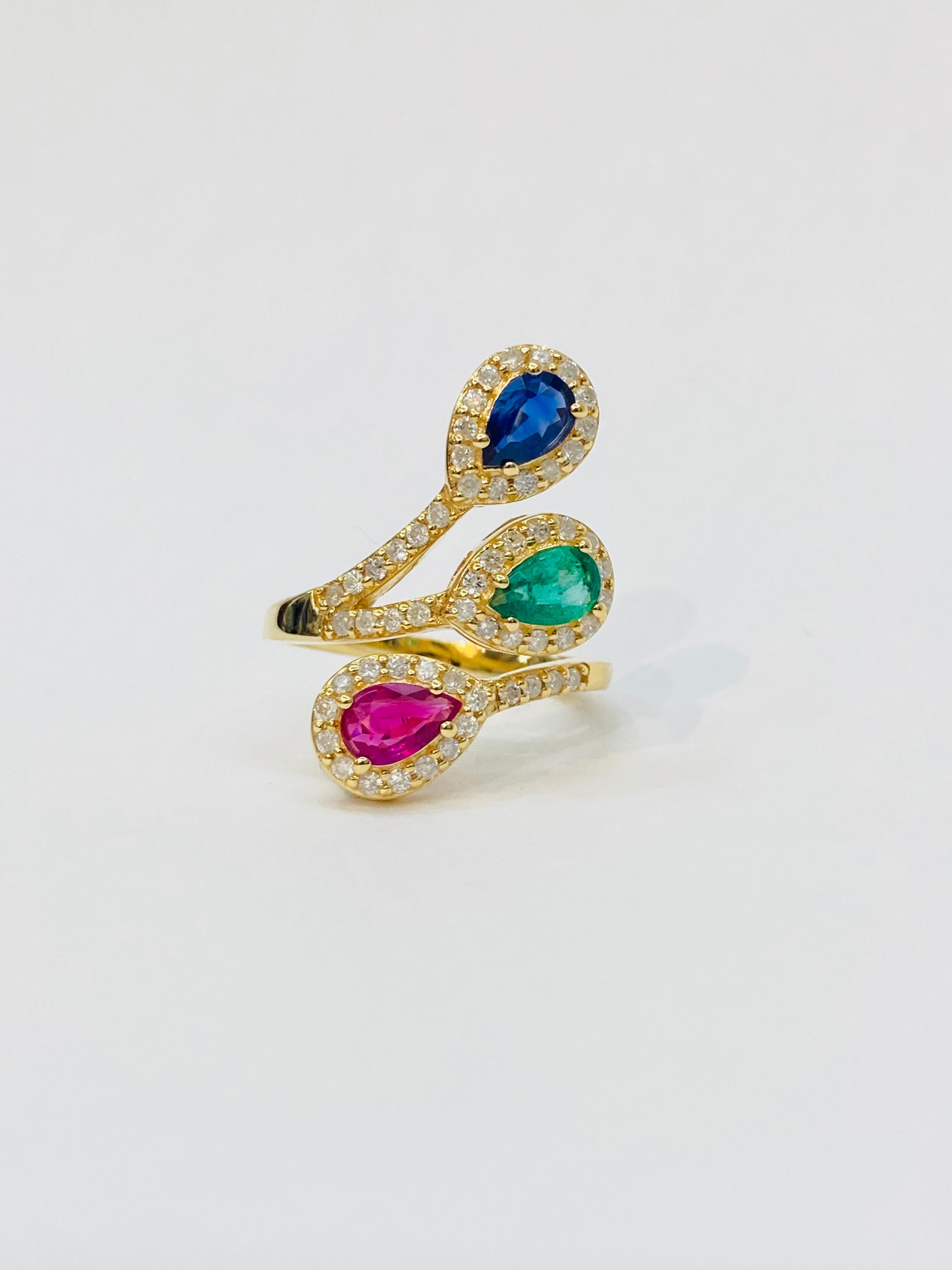 Bochic “Retro Vintage” Ruby, Emerald, Sapphires 18K Gold & Diamond Cluster Ring For Sale 1