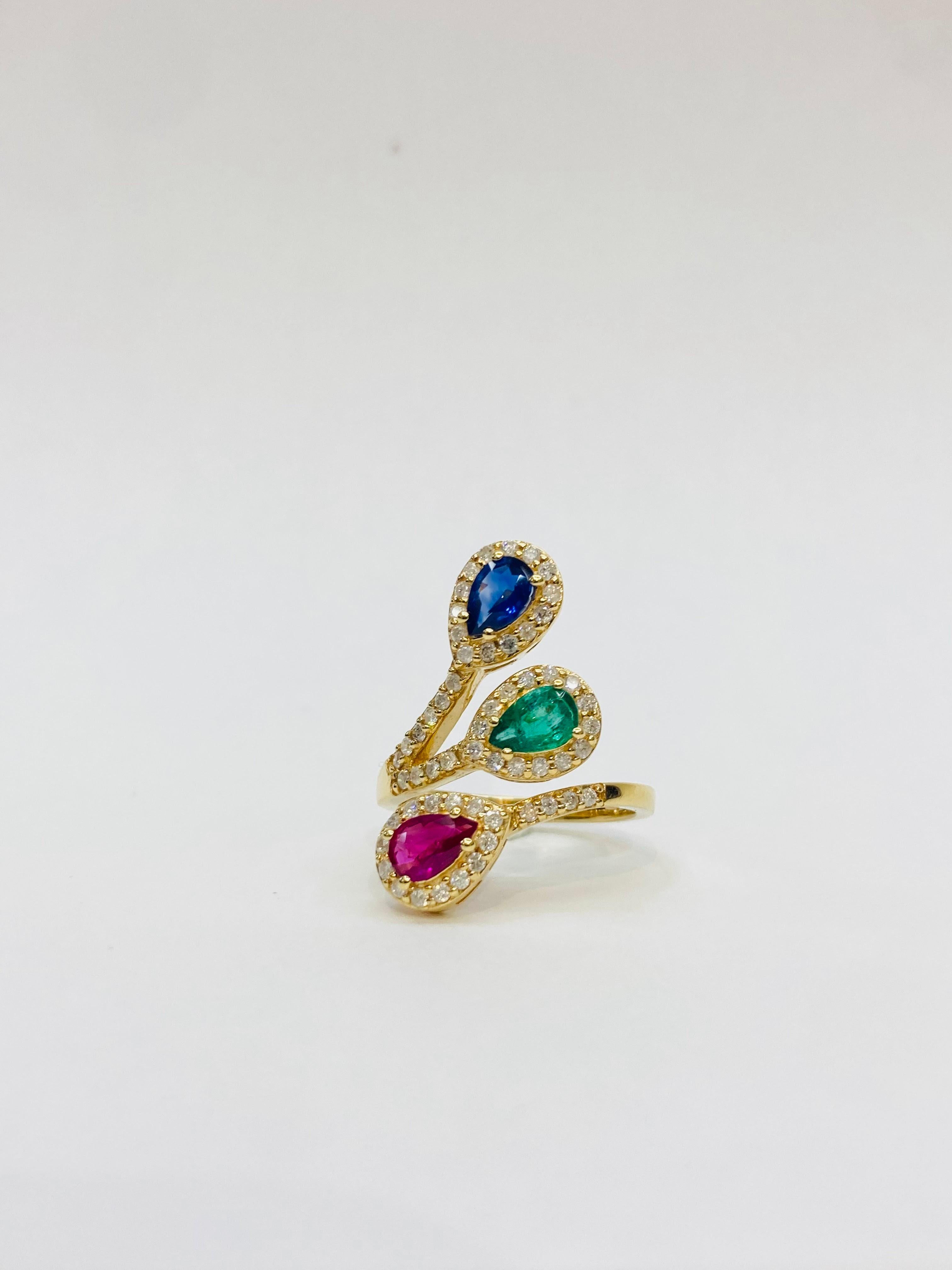 Bochic “Retro Vintage” Ruby, Emerald, Sapphires 18K Gold & Diamond Cluster Ring For Sale 2