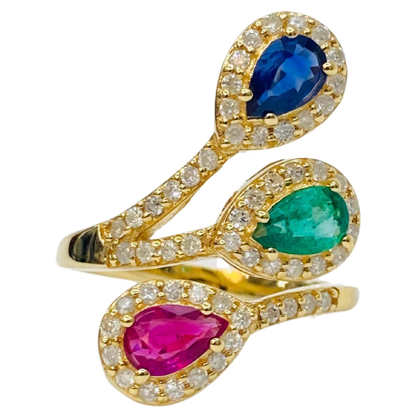Bochic “Retro Vintage” Ruby, Emerald, Sapphires 18K Gold & Diamond Cluster Ring For Sale