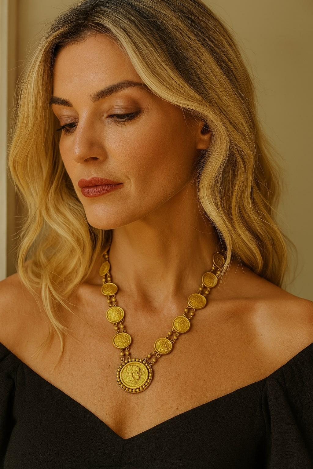 Bochic “Roman” Vintage Roman Pure Gold Coin Necklace Set 18K Gold For Sale 7