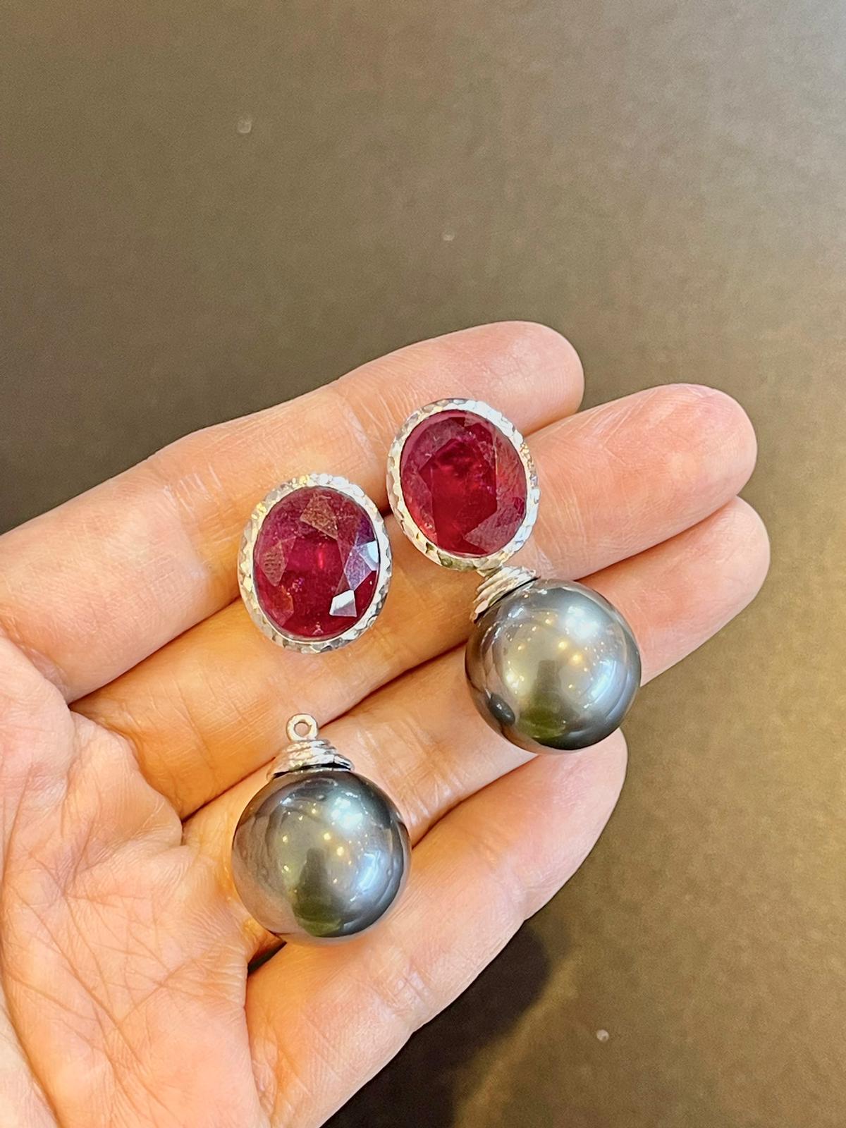 Bochic Natural Ruby and South Sea Pearl Changeable Earrings 
Natural Red Ruby - 15 Carat 
Shape - oval shape, faceted 
South Sea Tahiti cultured pearls - Color/Gray - Tone/Pink
Size 13 MM
18K White Gold and Silver 
The top parts can be worn as studs