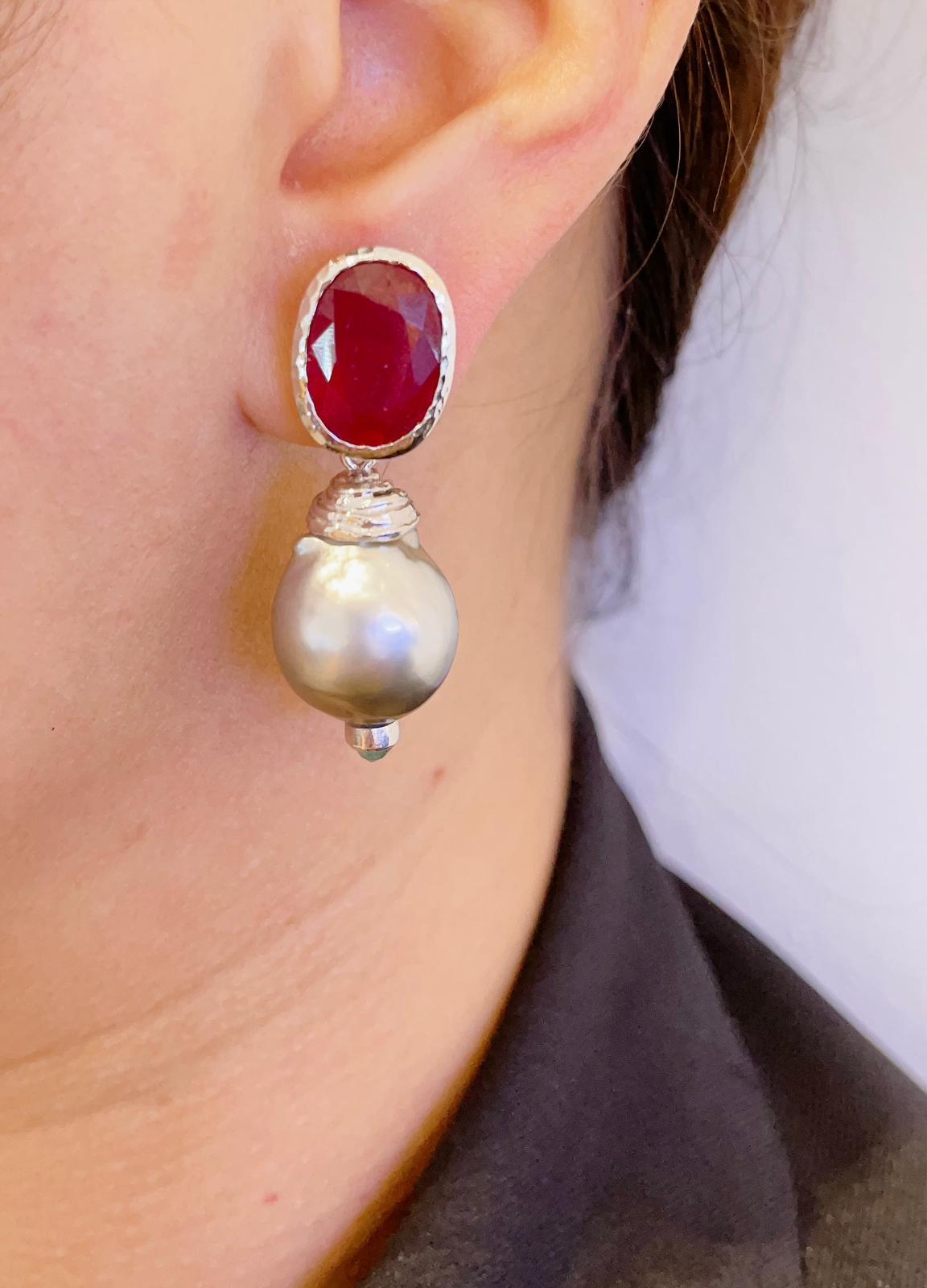 Bochic Ruby, Emerald  and South Sea Pearl Earrings 
Natural Red Ruby  - 13 Carats 
Shape - Oval shape, faceted 
South Sea Tahiti cultured pearls - Grey color with Pink tone - Grade AA+
Natural Zambian Emeralds set at the bottom of the pearls 
Set in