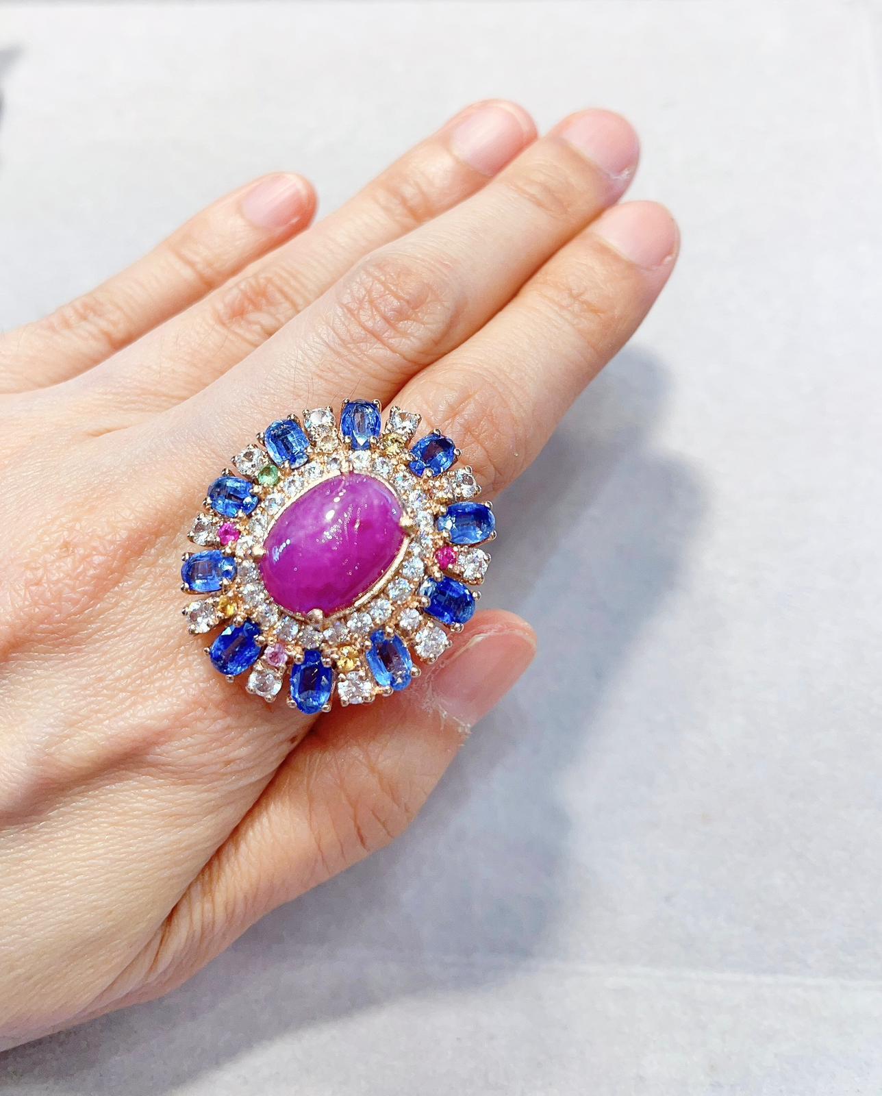 Brilliant Cut Bochic Ruby, Tanzanite & Fancy Sapphire Candy Cocktail Ring Set in 22K Gold