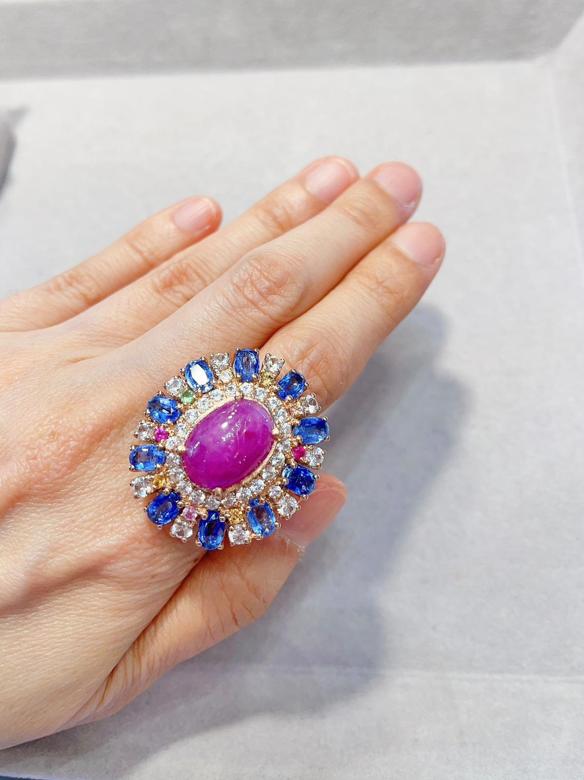 Brilliant Cut Bochic Ruby, Tanzanite & Fancy Sapphire Candy Cocktail Ring Set 18K Gold & Silve For Sale