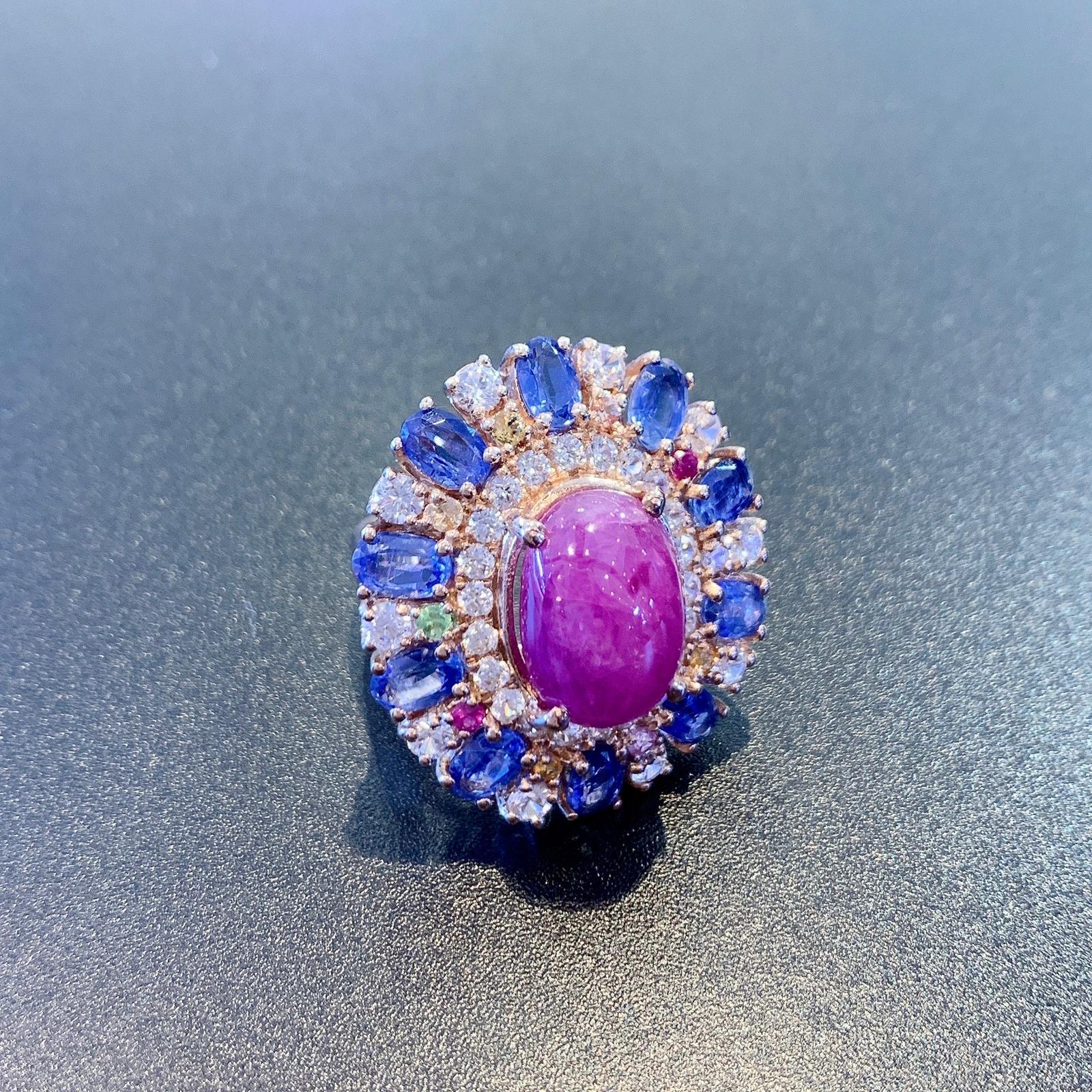 Bochic Ruby, Tanzanite & Fancy Sapphire Candy Cocktail Ring Set 18K Gold & Silve For Sale 1