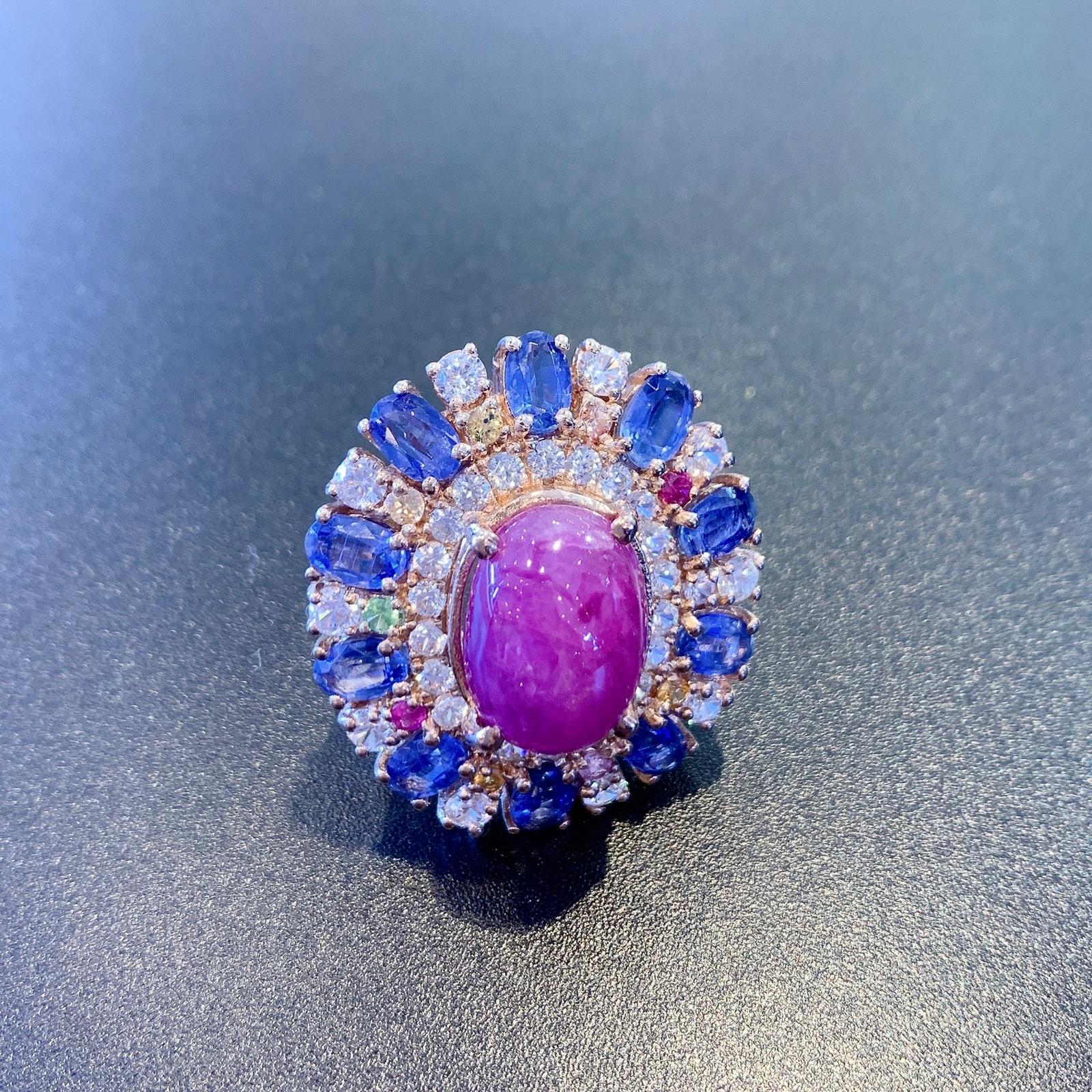 Bochic Ruby, Tanzanite & Fancy Sapphire Candy Cocktail Ring Set 18K Gold & Silve For Sale 2